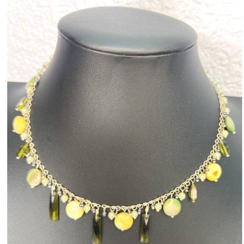 Bohemian Silver‎ Tone Multicolor Bead Necklace Lia Sophia Green Yellow MOP Glass